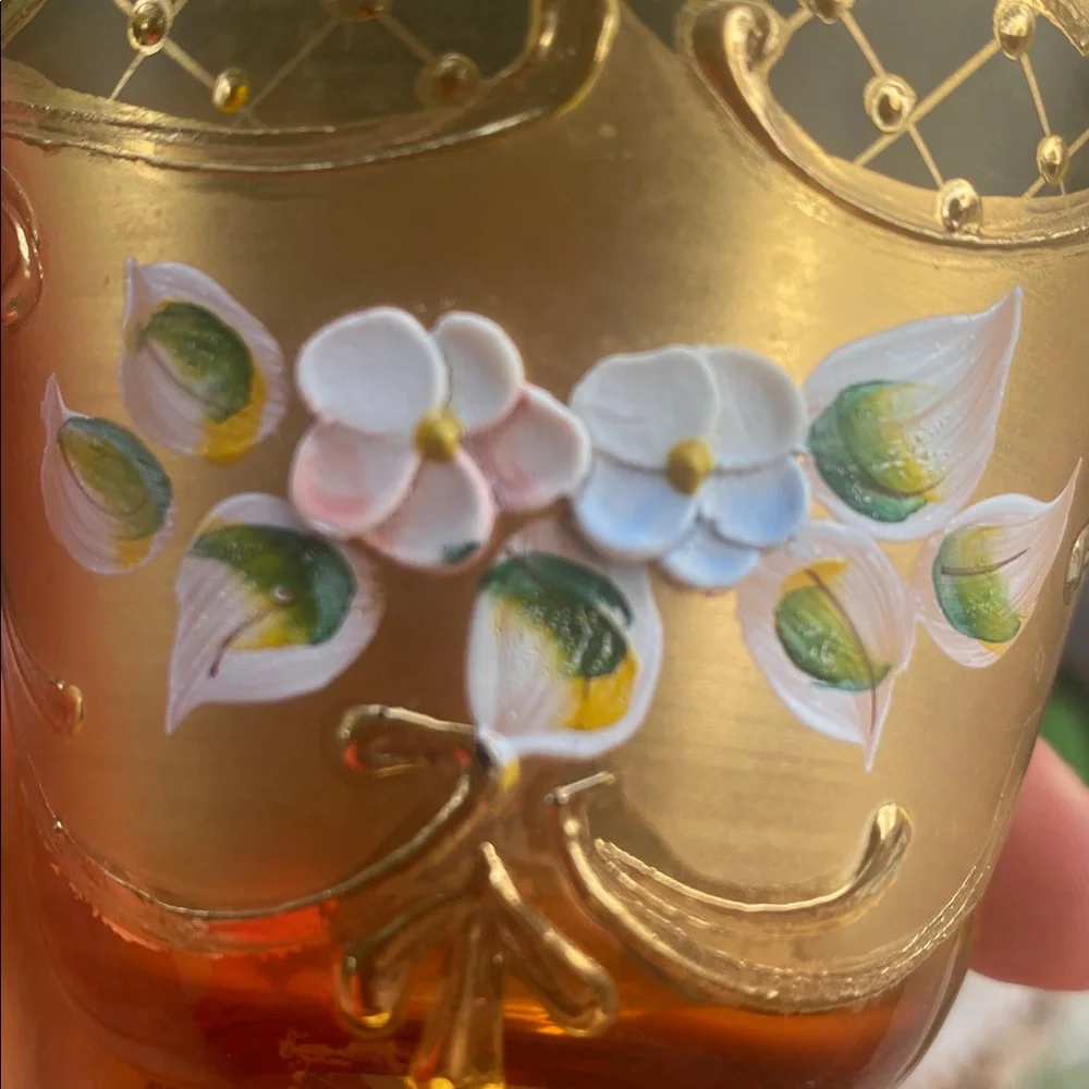 Vintage 4 Bohemian Moser Style Green Glass Heavy Gold Painted Flowers handmade5”